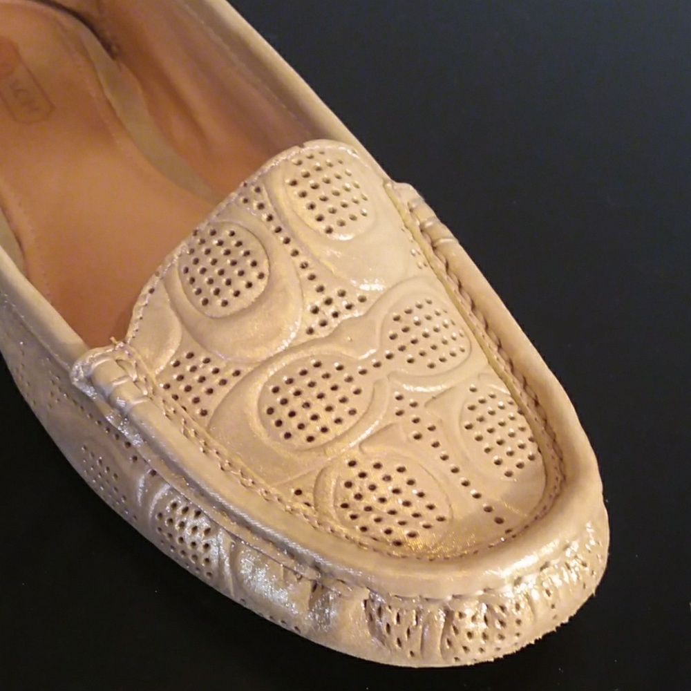 New Coach Shimmery Gold Logo Print Loafers 8B